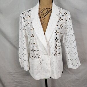 MADISON LEIGH Size XL 100% Cotton White Eyelet One Button Blazer Office Travel